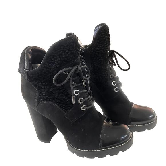 guess roxey platform heeled Y2K boots black mixed leather faux sherpa size 6.5 - Picture 1 of 6